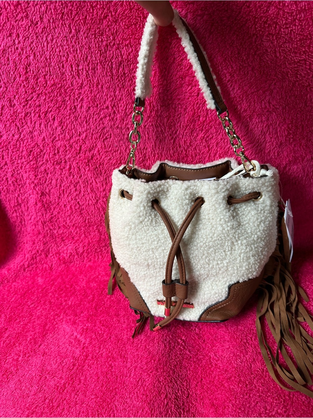 Jessica Simpson Cream Sherpa Drawstring Bucket Bag with Brown Trim